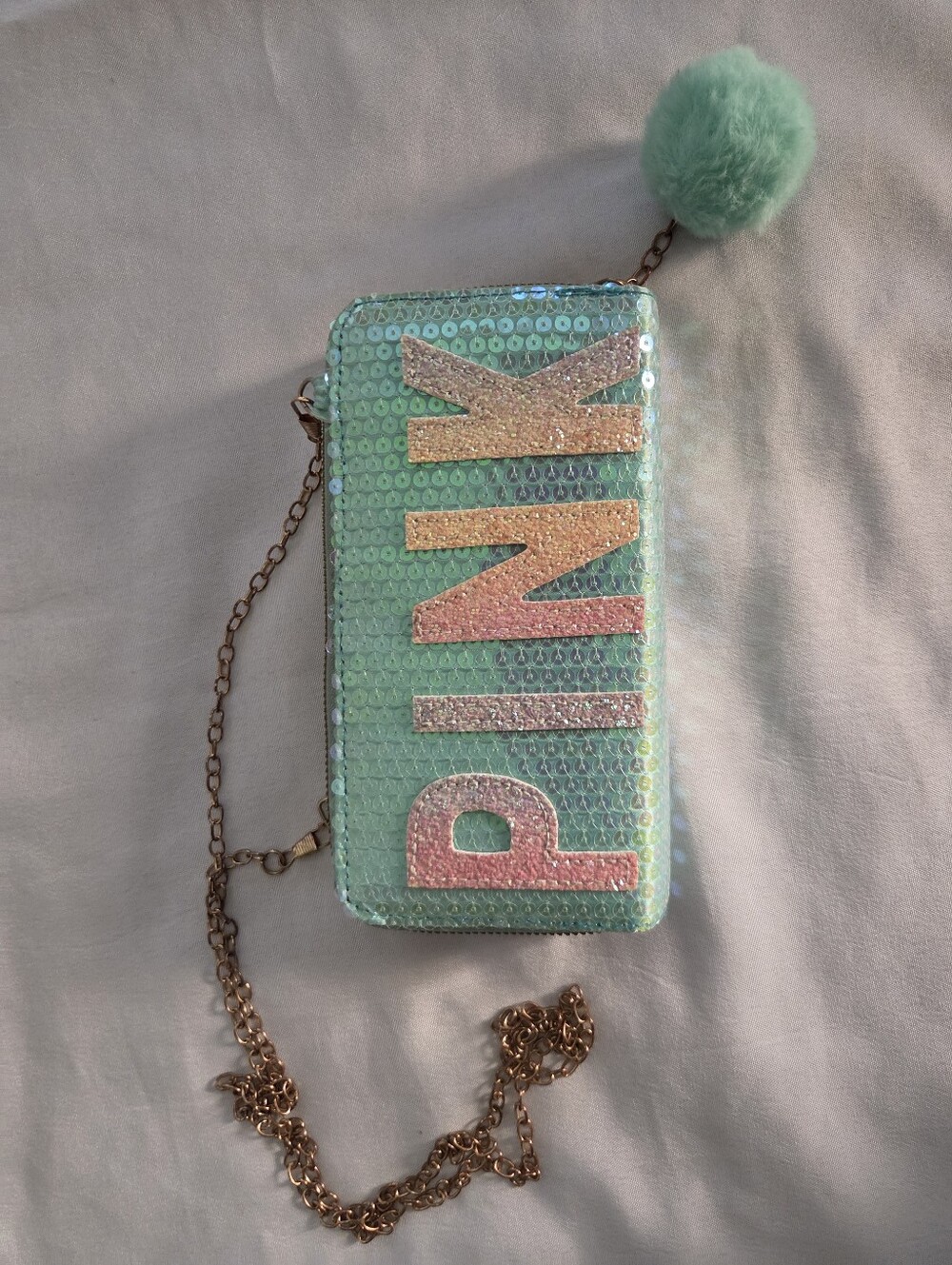 PINK Victoria's Secret Mint Sequin Clutch with Pink Glitter Logo